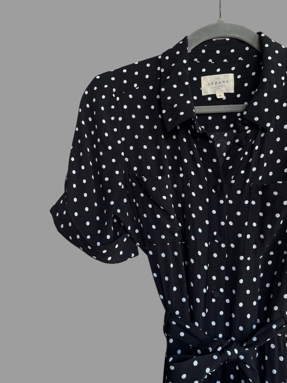 SEZANE Black & White Polka Dot Printed Belted Button Down Adele Shirt Dress - Picture 4 of 12